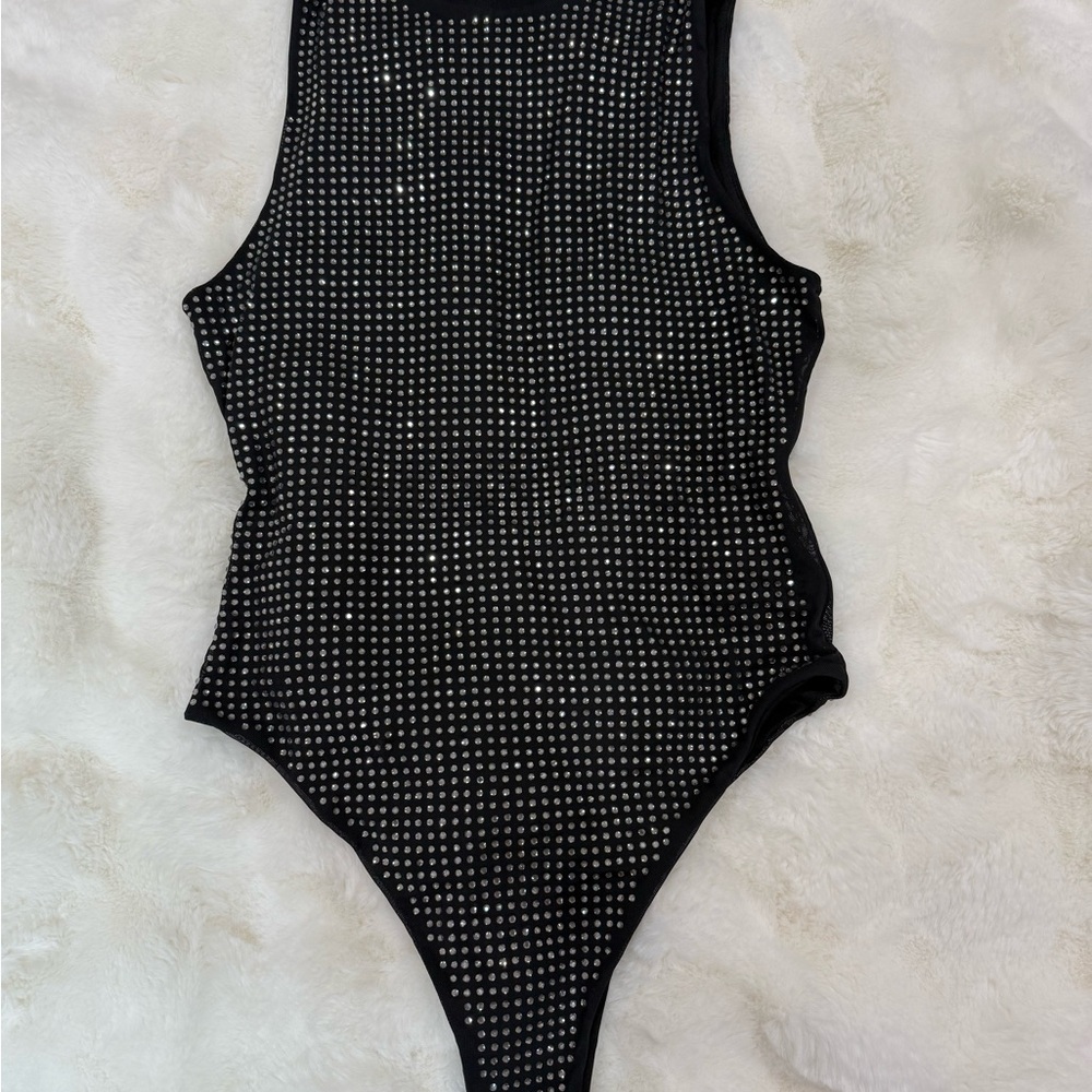 Divided Black Rhinestone Sleeveless High-Cut Bodysuit